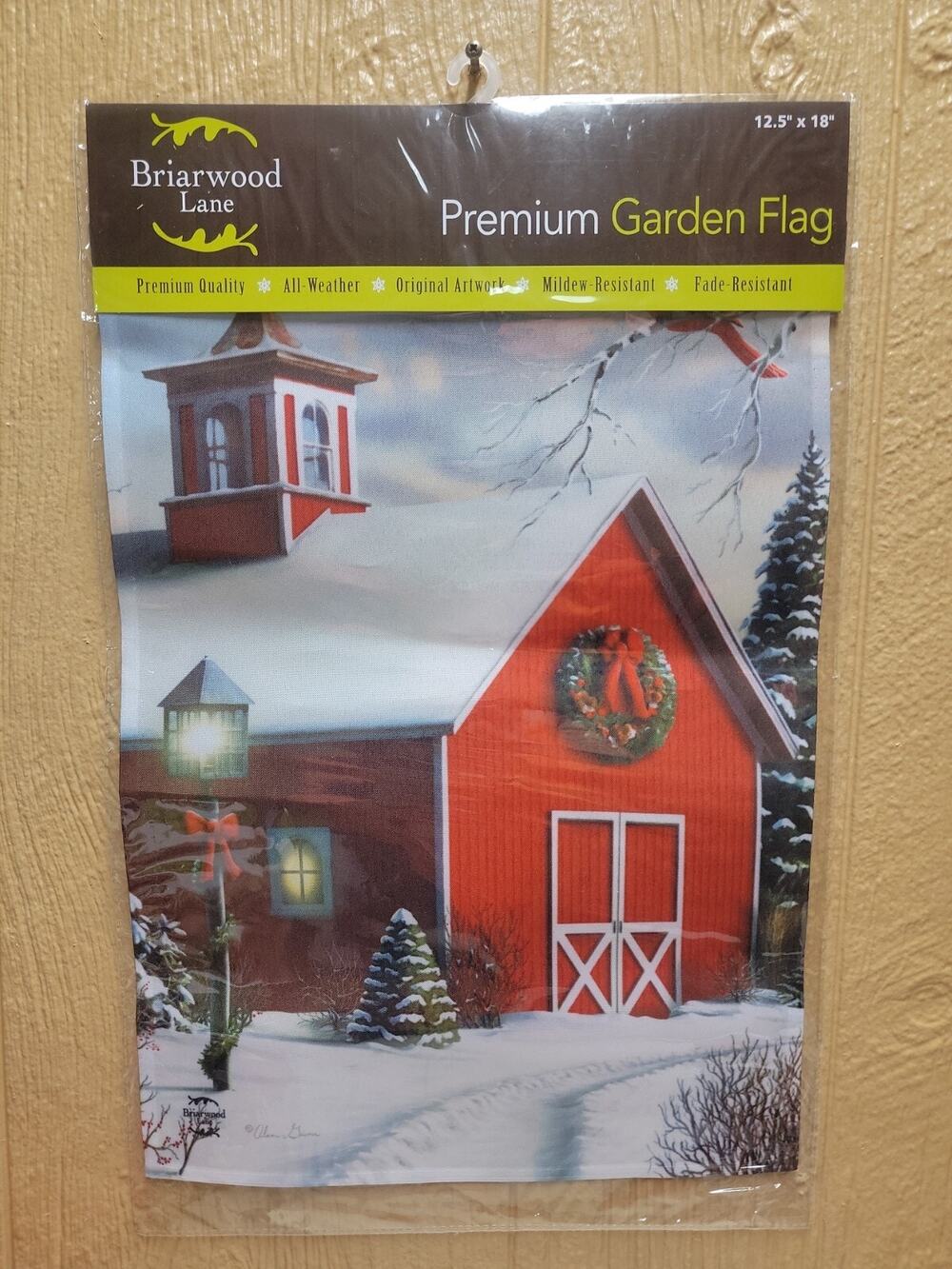 Briarwood Lane As Winter Calls House Flag Barn Cardinal Snowy 12.5" x 18"